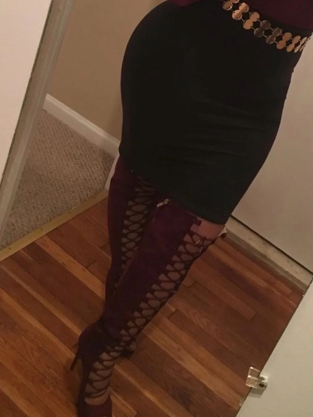Women's Over-the-Knee Lace-Up Peep-Toe Boots in Burgundy